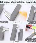 Metal Zipper Repair Kit 123 Pieces for DIY Fixes Includes Zipper Sizes 3 5 8 10 with Latch Sliders Retainer Insertion Pins Bottom Stops and Stopper Replacements Works on Jeans Jackets Bags and More Comes in Three Colors, showing steps to install zipper slider retainer box and pin.