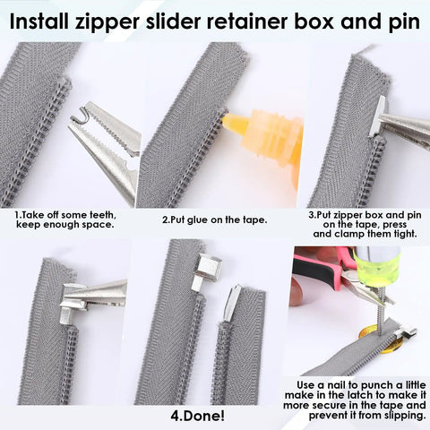 Metal Zipper Repair Kit 123 Pieces for DIY Fixes Includes Zipper Sizes 3 5 8 10 with Latch Sliders Retainer Insertion Pins Bottom Stops and Stopper Replacements Works on Jeans Jackets Bags and More Comes in Three Colors, showing steps to install zipper slider retainer box and pin.
