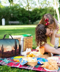 Mother and child enjoying a picnic with Insulated Desert With Cactus Lunch Box With Leakproof Design Reusable Lunch Tote Bag visible.