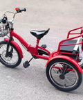 Red folding tricycle with rear passenger seat and backrest in PU leather, adjustable height, tandem rickshaw pedal bike.