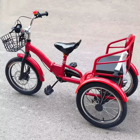 Red folding tricycle with rear passenger seat and backrest in PU leather, adjustable height, tandem rickshaw pedal bike.