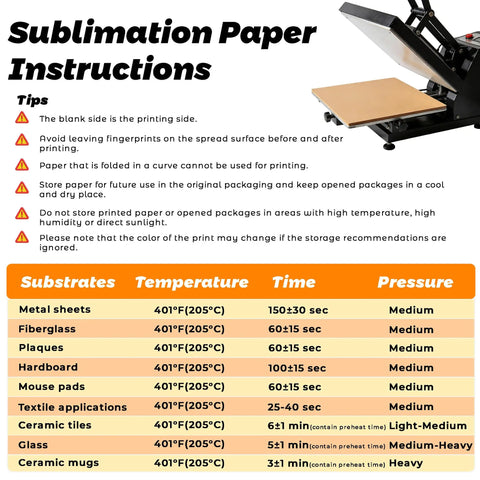 Heat press instructions for Premium Sublimation Paper 8.5x11 Inch 110 Sheets Fast Dry High Transfer Rate For Blank Tees Mugs Tumblers