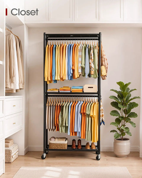 Top Shelf Metal Clothes Rack With Smooth Rolling Wheels And Hella Roomy Mesh Shelving No Sweat Build Rock Solid Garment Stand With Side Hooks For Bedroom Laundry Or Balcony Black