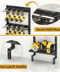 Five Tier Vertical Wall Mount Tool Storage Rack For Garage Heavy Duty Metal Organizer With Eight Drill Holder Slots Adjustable Shelves Side Hooks Space Saving Workshop Utility installed with power tools and saw on shelves