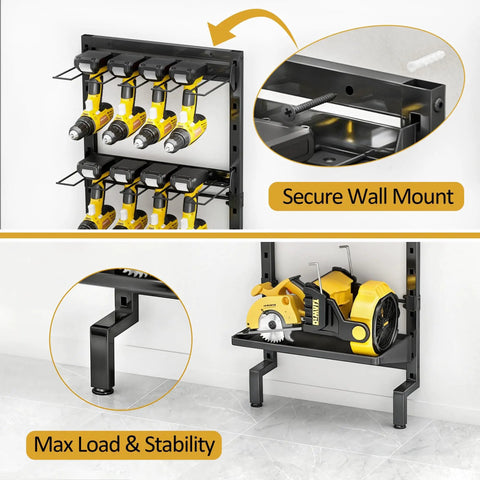 Five Tier Vertical Wall Mount Tool Storage Rack For Garage Heavy Duty Metal Organizer With Eight Drill Holder Slots Adjustable Shelves Side Hooks Space Saving Workshop Utility installed with power tools and saw on shelves