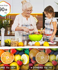 Elderly woman and child cooking in kitchen, showcasing CRI 90+ lighting comparison with colorful fruits under COB LED Strip Light Warm White 3000K High Density Tape Light, 2560 LEDs Per Roll, 16.4 Ft Length, DC 24V, Ra 90 Plus, Ultra Uniform Glow, 360 Lumens Per Foot or More, UL Listed, Power Supply Sold Separately.