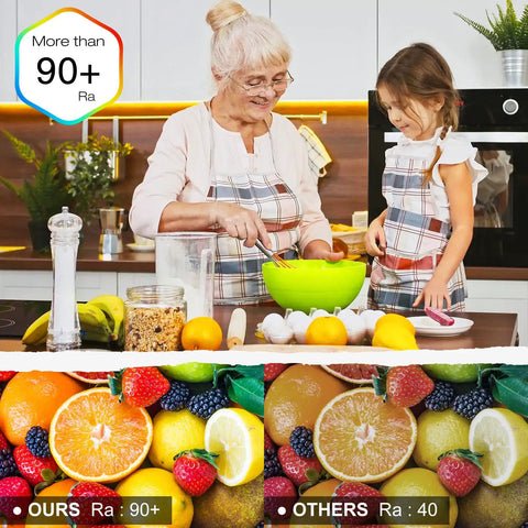 Elderly woman and child cooking in kitchen, showcasing CRI 90+ lighting comparison with colorful fruits under COB LED Strip Light Warm White 3000K High Density Tape Light, 2560 LEDs Per Roll, 16.4 Ft Length, DC 24V, Ra 90 Plus, Ultra Uniform Glow, 360 Lumens Per Foot or More, UL Listed, Power Supply Sold Separately.