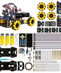 ACEBOTT Arduino-compatible robot car kit with yellow wheel modules, sensors, boards, and infrared remote.