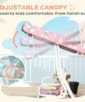 Two Seater Kids Patio Swing With Adjustable Canopy Safety Belt Unicorn Rainbow Pattern Hanging Bench For Garden And Backyard Pink Outdoor Porch Swing Chair For Fun Playtime showing adjustable canopy from side view on porch.