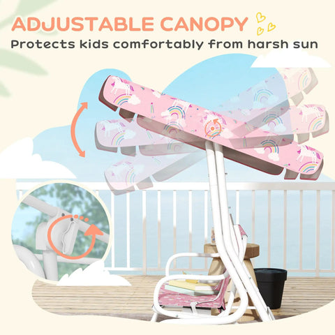 Two Seater Kids Patio Swing With Adjustable Canopy Safety Belt Unicorn Rainbow Pattern Hanging Bench For Garden And Backyard Pink Outdoor Porch Swing Chair For Fun Playtime showing adjustable canopy from side view on porch.
