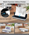 Fly Portable Thermal Printer Bluetooth Wireless Inkless Home Office Travel Buddy compatible with smartphones, showcasing paper guide and prints.