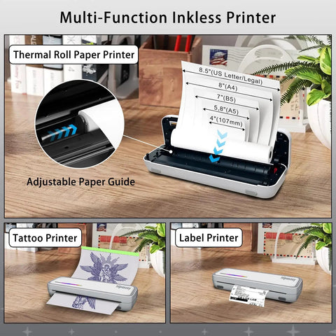 Fly Portable Thermal Printer Bluetooth Wireless Inkless Home Office Travel Buddy compatible with smartphones, showcasing paper guide and prints.