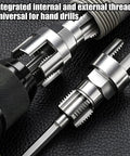 Pro Grade Alloy Pipe Threader And Trimmer showing integrated internal and external threads, designed for hand drills.