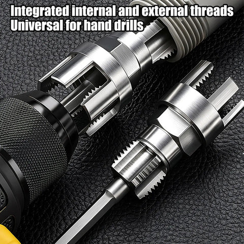 Pro Grade Alloy Pipe Threader And Trimmer showing integrated internal and external threads, designed for hand drills.