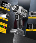 Ecarke 1/2 Inch Cordless Impact Wrench With Brushless Motor And Led Light, showing features like LED light, variable speed trigger, and 1/2 square driver.