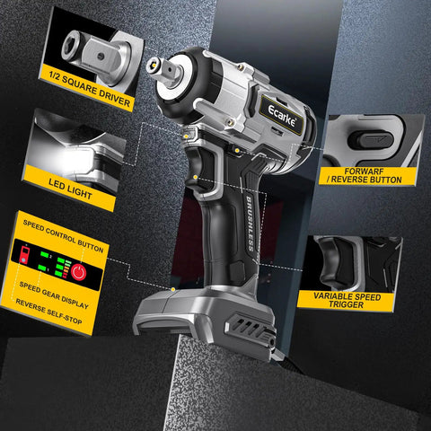 Ecarke 1/2 Inch Cordless Impact Wrench With Brushless Motor And Led Light, showing features like LED light, variable speed trigger, and 1/2 square driver.