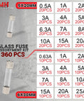 Top Shelf 360 Piece Fast Blow Glass Tube Fuse Assortment Kit Featuring Twenty Four Amp Values For Shop Repairs And Weekend Wrenching Heavy Duty Shielding The Real Deal fuses in 5x20mm and 6x30mm sizes.