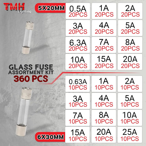Top Shelf 360 Piece Fast Blow Glass Tube Fuse Assortment Kit Featuring Twenty Four Amp Values For Shop Repairs And Weekend Wrenching Heavy Duty Shielding The Real Deal fuses in 5x20mm and 6x30mm sizes.