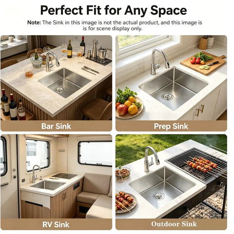 Various installations of Undermount Kitchen Sink 23x18 Inch Stainless Steel 16 Gauge Single Bowl 10 Inch Deep T304, showing versatility.