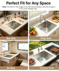 Four types of sinks including bar, prep, RV, and outdoor models in different kitchen settings.