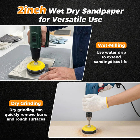 2 inch Wet Dry Sandpaper for versatile use with power drill, suitable for wet-milling and dry grinding, part of Ultimate 317 Piece Sanding Disc Kit For Headlight Restoration And Detailing Includes Wet Dry Polishing Pads From 60 To 10,000 Grit With Hook Loop Drill Adapter Shank Fit Car Wood Metal Glass Resin.