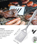8 Piece BBQ Grill Tools Set With Extra Thick Stainless Steel spatula in use with grilling meat, highlighting serrated edge tool.