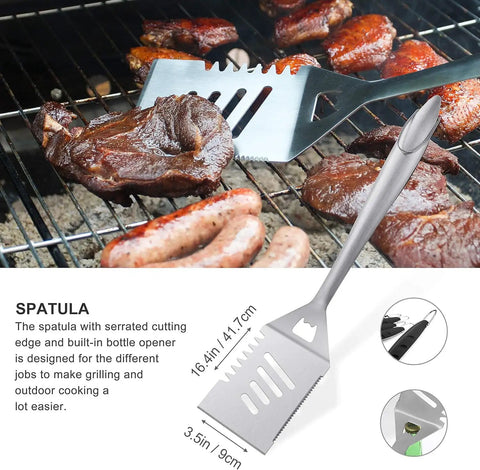 8 Piece BBQ Grill Tools Set With Extra Thick Stainless Steel spatula in use with grilling meat, highlighting serrated edge tool.