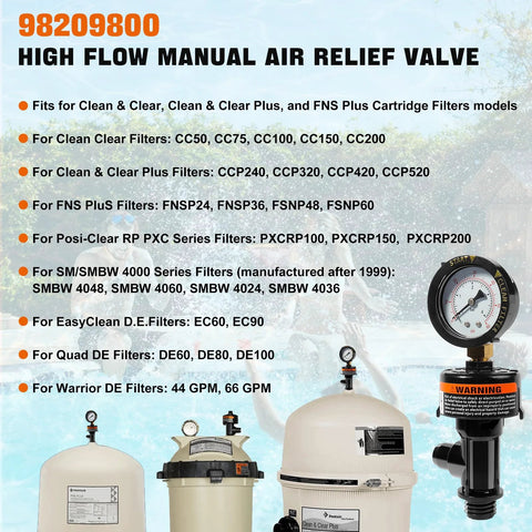 Front view of high-flow manual air relief valve with pool filter pressure gauge and four pool filter tanks.