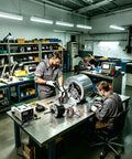 Technicians assembling Upgraded One Half HP Blower Fan Motor Direct Drive 115V Three Speed 1075 RPM 48 Frame in workshop