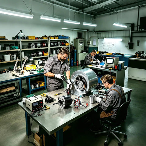 Technicians assembling Upgraded One Half HP Blower Fan Motor Direct Drive 115V Three Speed 1075 RPM 48 Frame in workshop