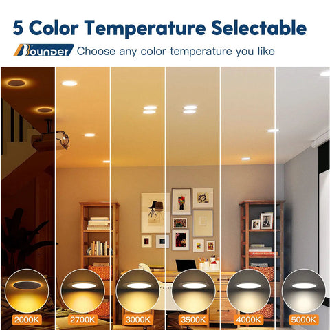 Five color temperatures shown for 12 Pack 6 Inch LED Recessed Ceiling Lights With Night Light 5CCT Selectable 2700K To 5000K.