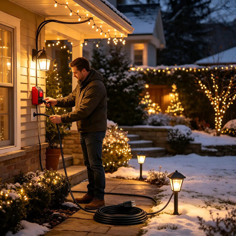 Man using 10 Foot Heavy Duty 3 Prong Extension Cord With Built In Toggle Switch And 14 Awg Copper Wire Rated 15 Amps outdoors.