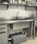 Commercial kitchen with AquaSpec wall mount service sink faucet, vacuum breaker, pail hook, wall brace, chrome finish, 8-inch spout.