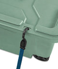Latch lid close-up of 40 Gallon Wheeled Tough Plastic Storage Tote With Latch Lid Heavy Duty Green Industrial Bin