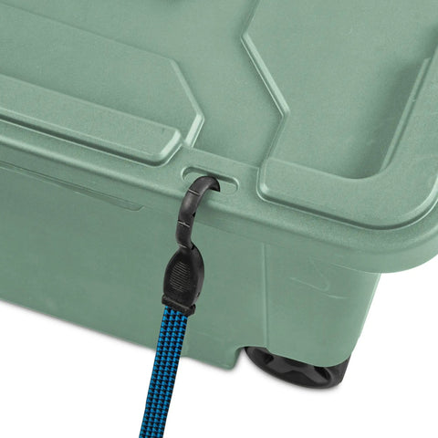 Latch lid close-up of 40 Gallon Wheeled Tough Plastic Storage Tote With Latch Lid Heavy Duty Green Industrial Bin