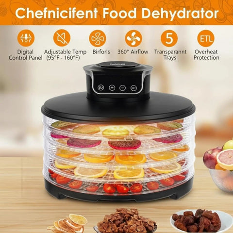 Killer Speed Food Dehydrator With Five Adjustable Bpa Free Trays drying sliced fruits and vegetables on transparent trays.