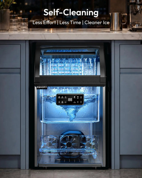 Straight Up Solid Commercial Ice Maker Makes 120 Lbs Daily Under Counter Design With A 33 Lb Storage Bin And Easy Water Filter Setup For House Parties That Gonna Run Super Chill showcasing self-cleaning feature.