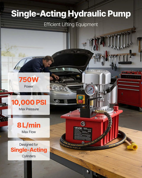 Front view of Electric Hydraulic Pump 750W 10000 PSI Heavy Duty Power Pack 120V Single Acting Hydraulic Unit in workshop setting.