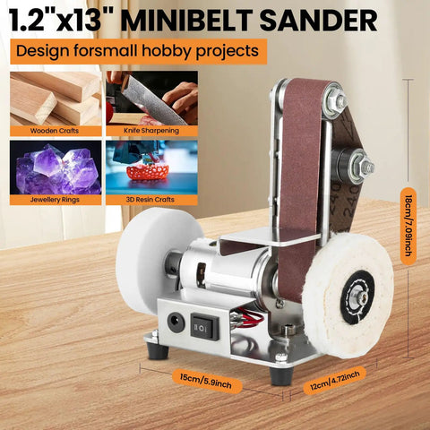 Badass Mini Belt Sander Bench Grinder Offering Seven Adjustable Speeds All Copper Motor rust resistant body on workbench for detailed hobby projects.