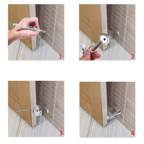 Installation steps of Four Pack Silver Spring Door Stopper Set, Screw In Flexible Steel With White Rubber Tips, Wall Saver