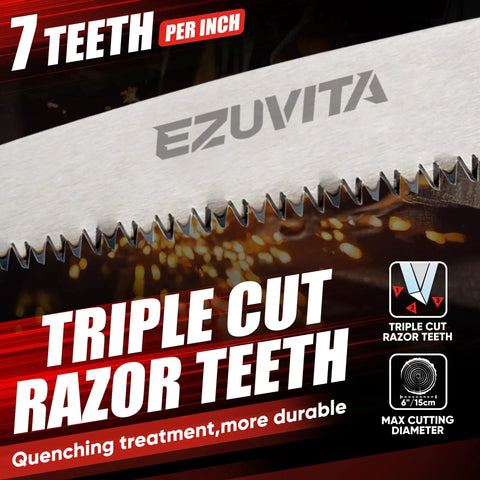 Close-up of 7-inch folding saw with 7 teeth per inch, from All In One 3 Piece Garden Tool Set With 7 Inch Folding Saw Pruner And Shears Stainless Steel Garden Scissors 2 Pack For Wood Cutting Landscaping Trimming And Branch Pruning Professionals And DIY Gardeners.