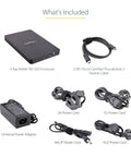 Battle Ready 4 Bay Thunderbolt 3 NVMe SSD Enclosure with included universal power adapter and cables for various regions.
