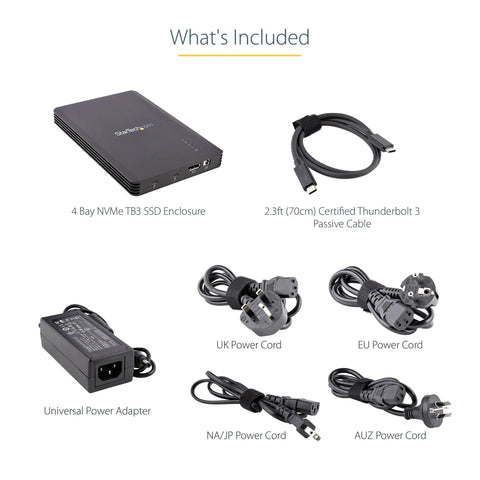 Battle Ready 4 Bay Thunderbolt 3 NVMe SSD Enclosure with included universal power adapter and cables for various regions.