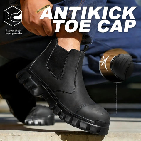 All Day Comfort Steel Toe Work Boots For Men Waterproof Lightweight Non Slip Safety Shoes Built For Construction And Industrial Jobs With Reinforced Toe Caps And ASTM Certified Boss Level Protection, side view highlighting antikick toe cap.
