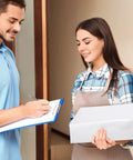 Delivery personnel handing a package wrapped in a white poly mailer to a customer, showcasing the use of waterproof shipping bags.