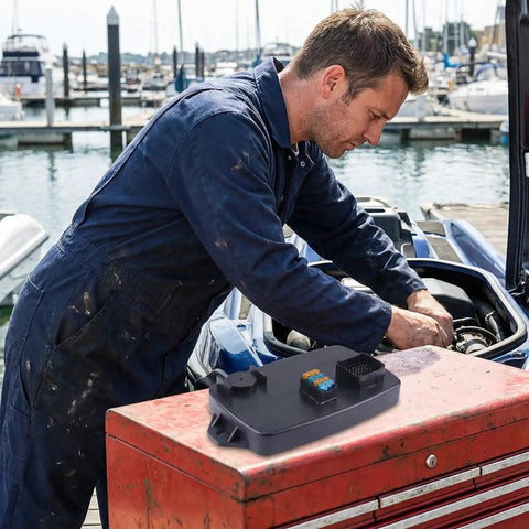 Mechanic installing MPEM CDI Box ECU for SeaDoo 1996 to 2006 GTI GS GTS 717 720; module on red toolbox at the marina