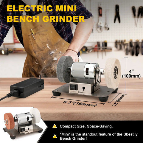 Compact Electric Mini Bench Grinder And Jewelry Buffer Polisher Built Tough for shops, featuring adjustable RPM and compact size.