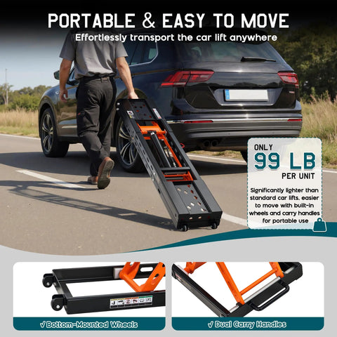 Man easily transporting Heavy Duty Portable Car Lift For Home Garage Shop With Hella Tough Carbon Steel Construction and Dual Safety Locks.
