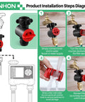 Installation diagram for 2 Pack Inline Water Filter for Garden Hoses with High Flow 11 GPM and 120 PSI, showing step-by-step setup.