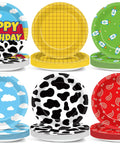Legendary 7 Inch Cartoon Story Paper Plates 60 Pack Boy Birthday Party Supplies Sky Blue Cow Print Cloud Dessert Dishes with varied designs.